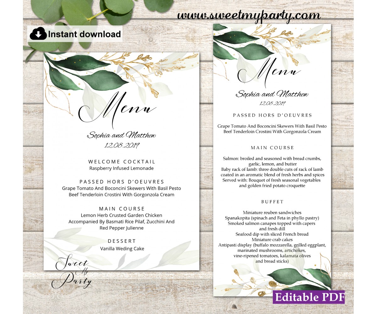 Greenery menu card printable template,Gold menus,(148w)